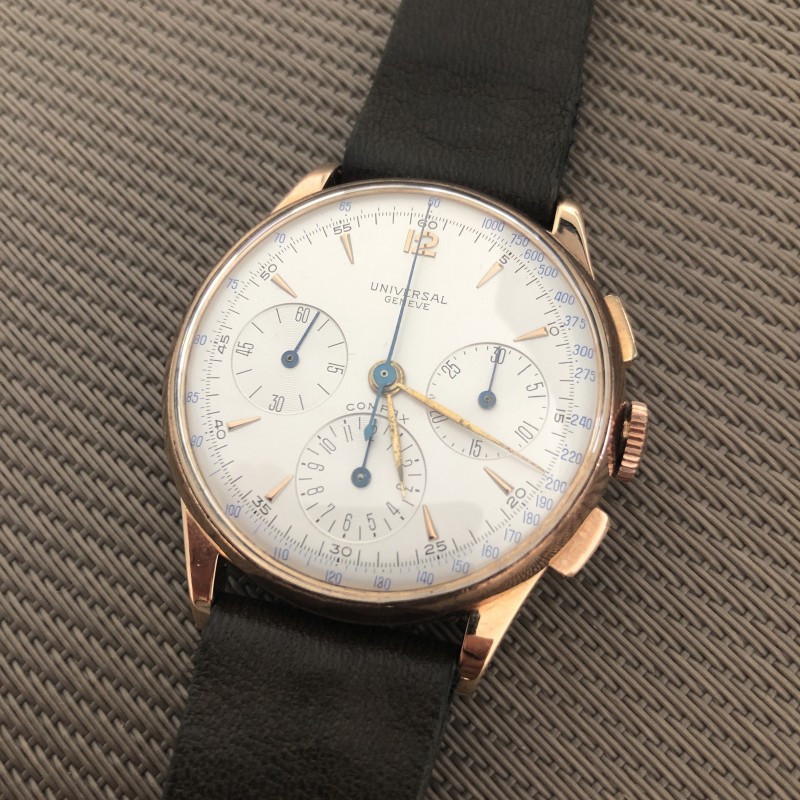 Universal Genève Chrono Oversize Rose Gold 18K Leather Bracelet Ref ...